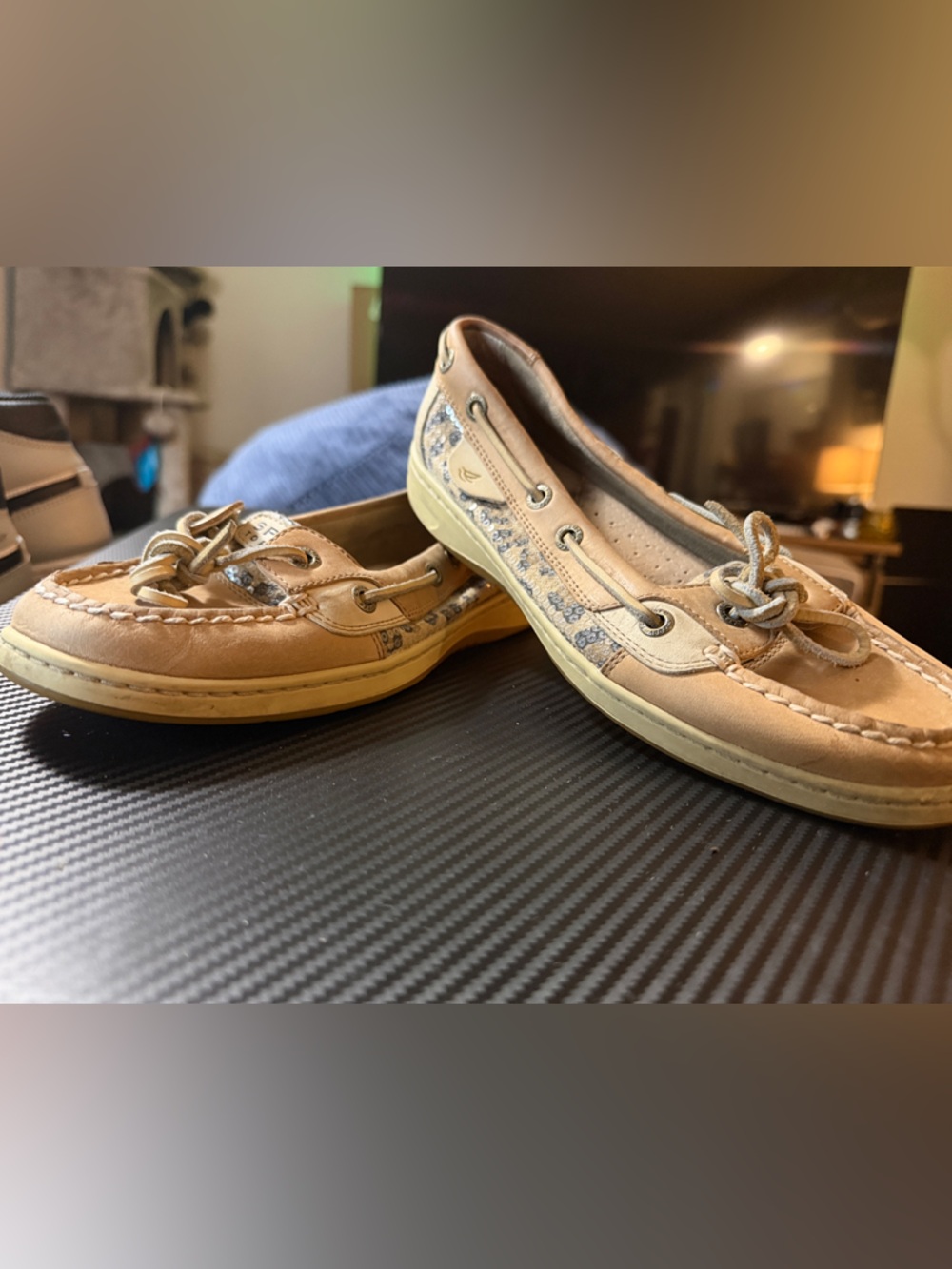 Sperry Tan Canvas Boat Shoes with Blue Pattern Accents